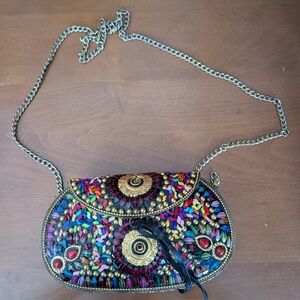 Embellished Multicolor Beaded Crossbody Bag with Chain Strap